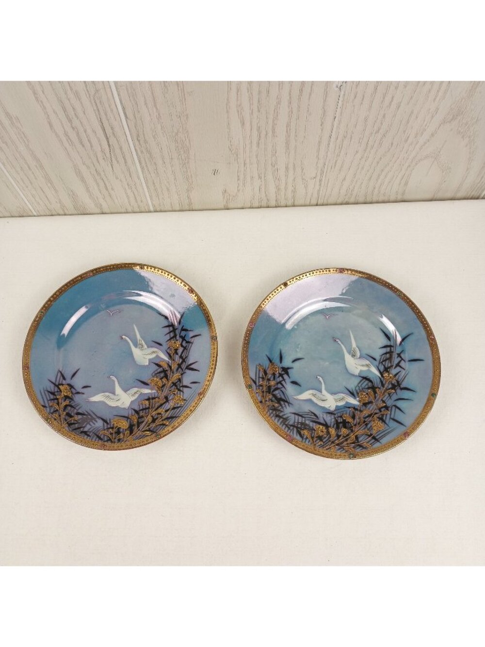 Hand Painted Japan Porcelain  Blue Lusterware Dessert Plates Geese Swans